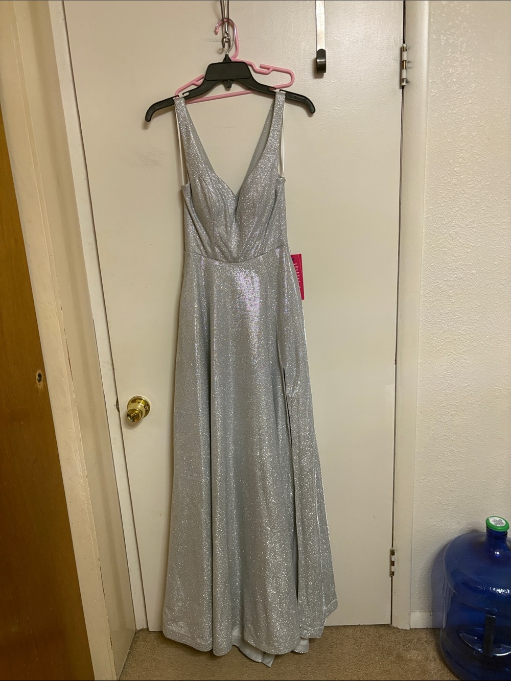 Xscape Silver Sequin V-Neck Evening Dress